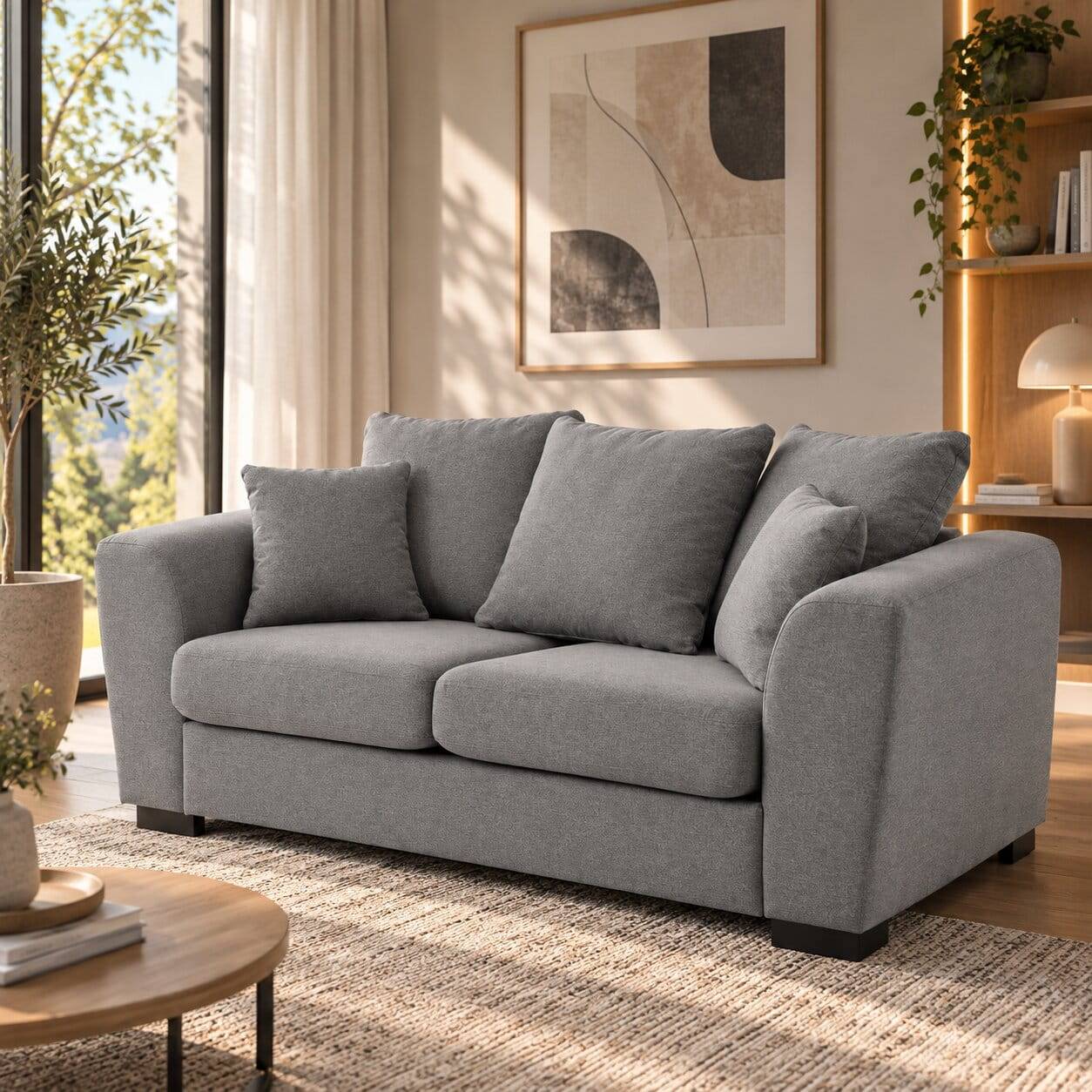 2-Sitzer Couch in Grau Webstoff mit Kissen und Armlehnen