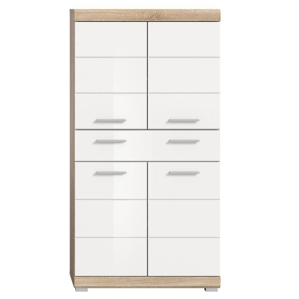 Modernes Badezimmer Highboard weiß Hochglanz mit Holzoptik – Calbanyara