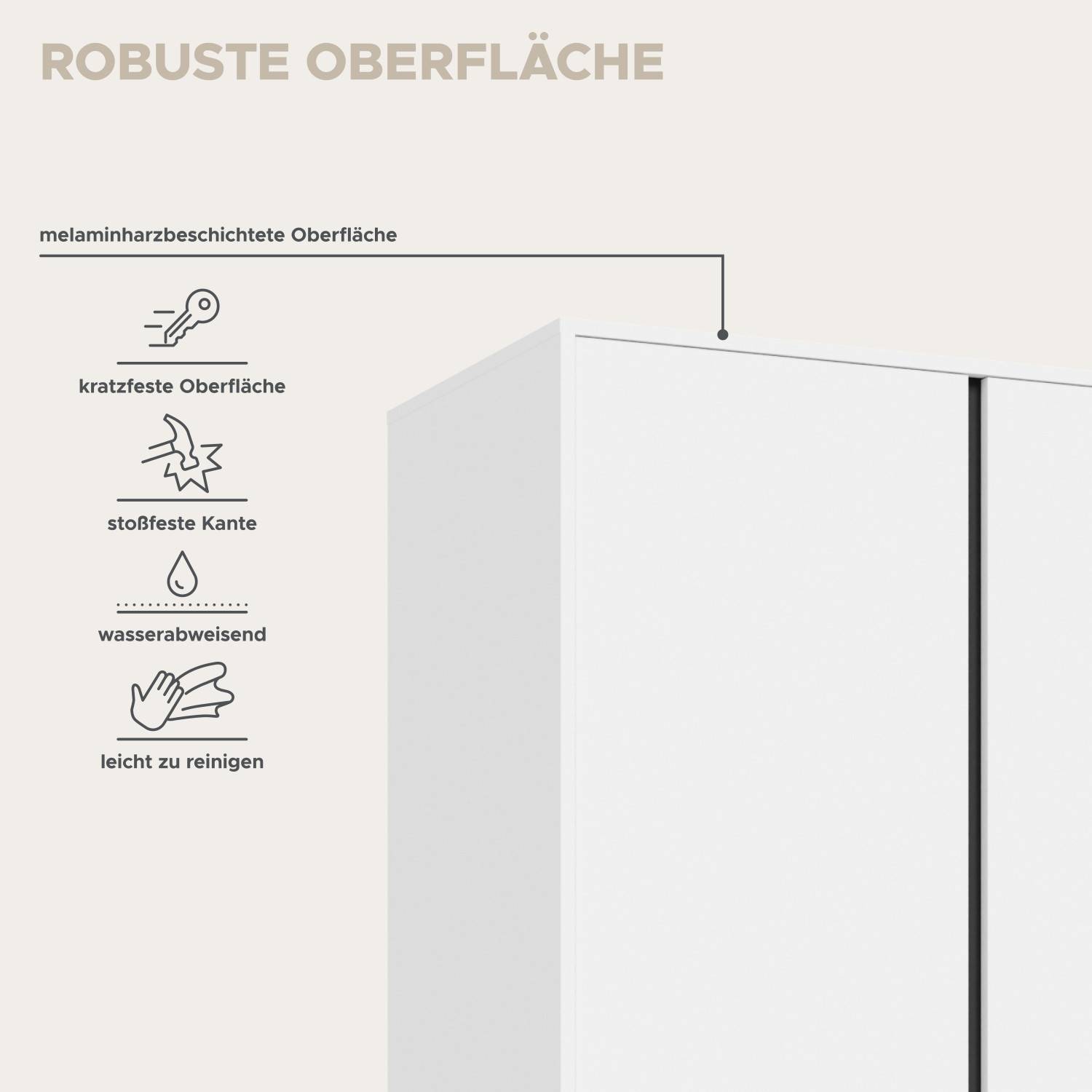 Robuste, kratzfeste und wasserabweisende Oberfläche des weißen Schranks – Sinop