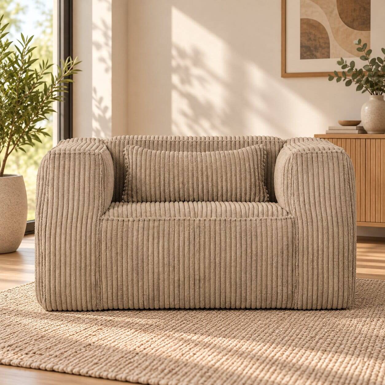 Stylischer Breitcord Sessel in Beige mit Wellenunterfederung