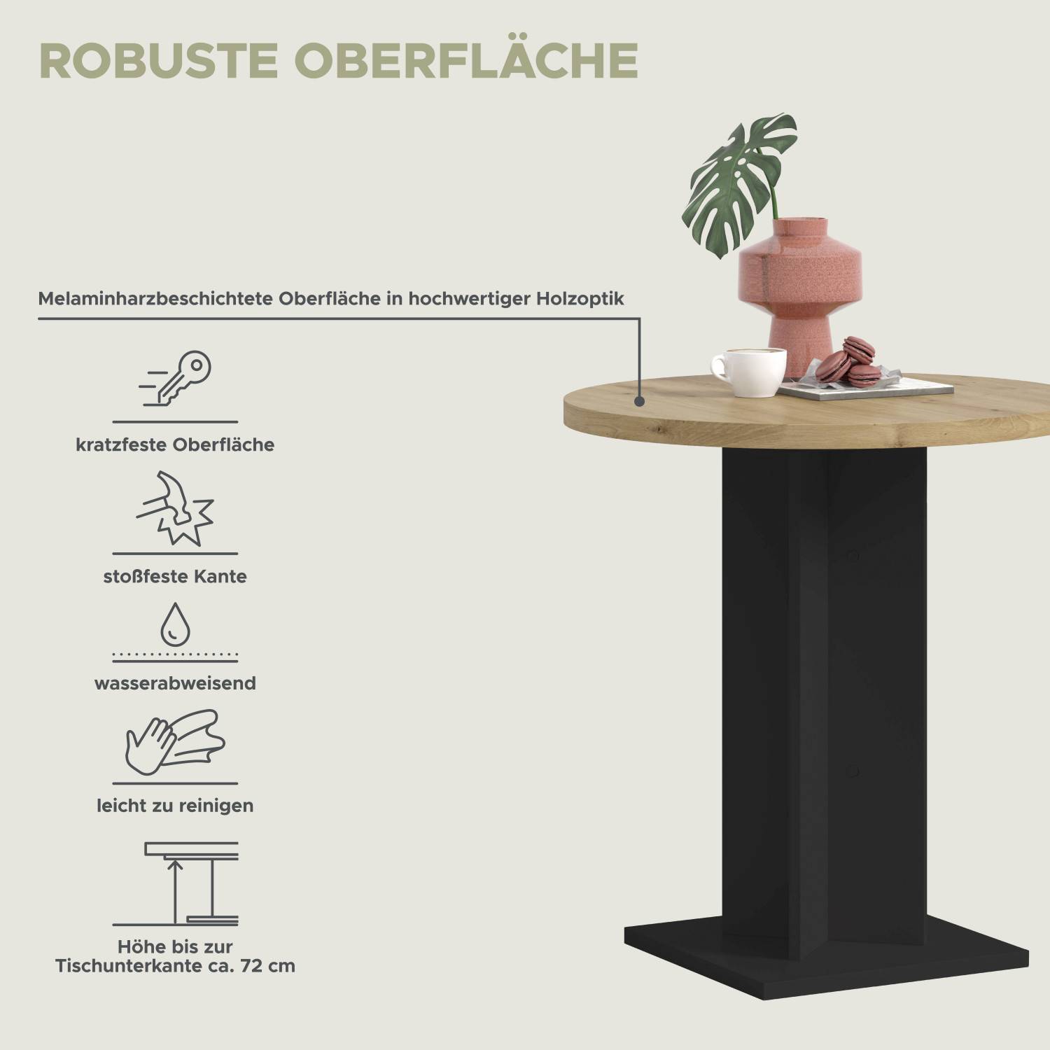 Bartisch mit robuster, kratzfester und pflegeleichter Melaminharz-Oberfläche in Holzoptik – Norjan