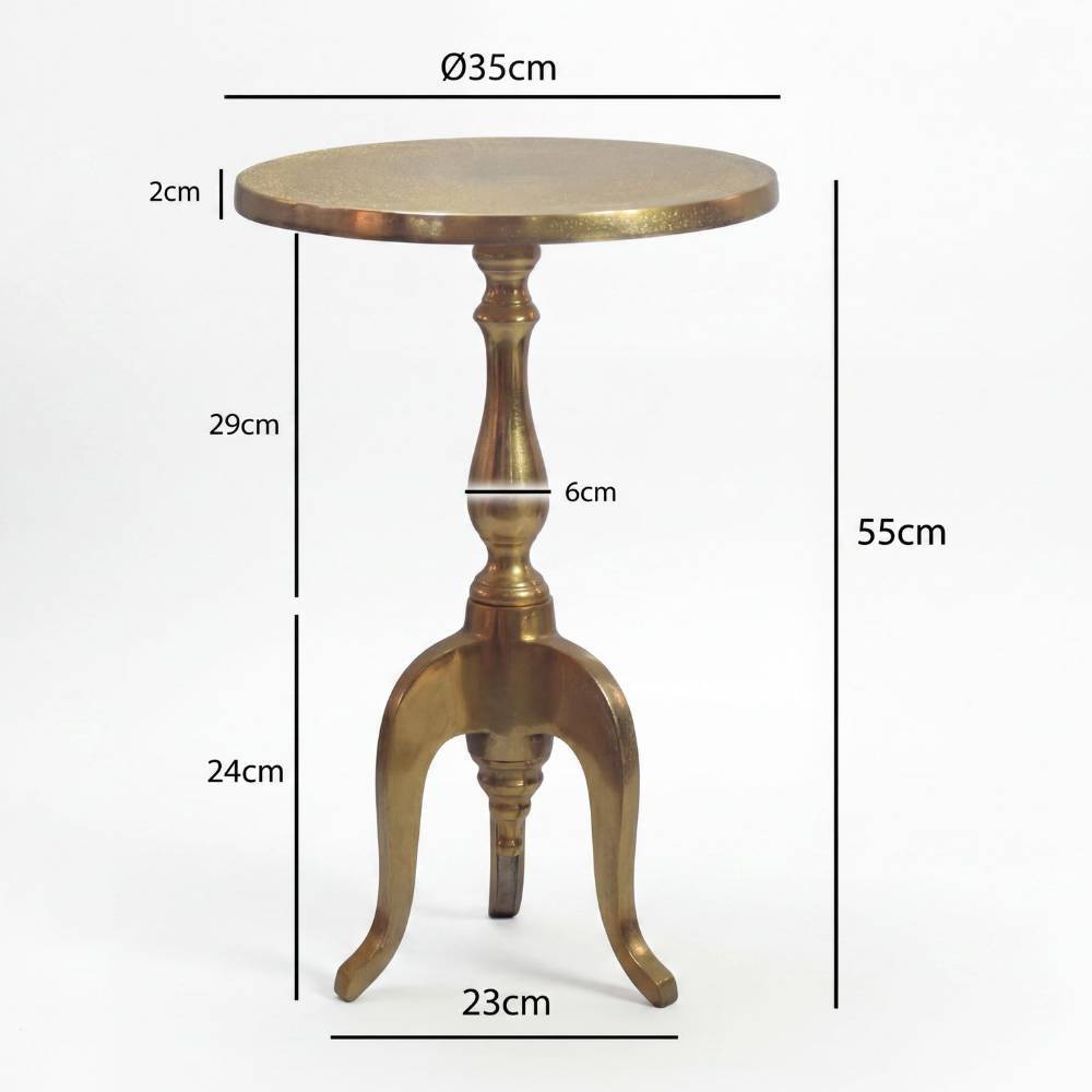 Goldener Aluminium Beistelltisch Maße und Abmessungen mit Höhe 55cm und Durchmesser 35cm – Lasina