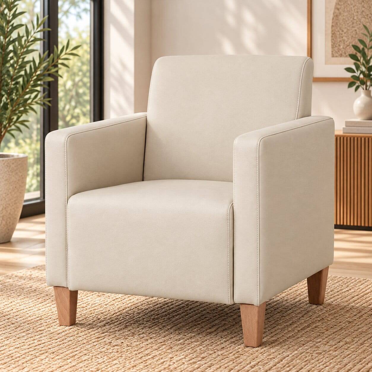 Kantiger Sessel in Beige Kunstleder - Pipo
