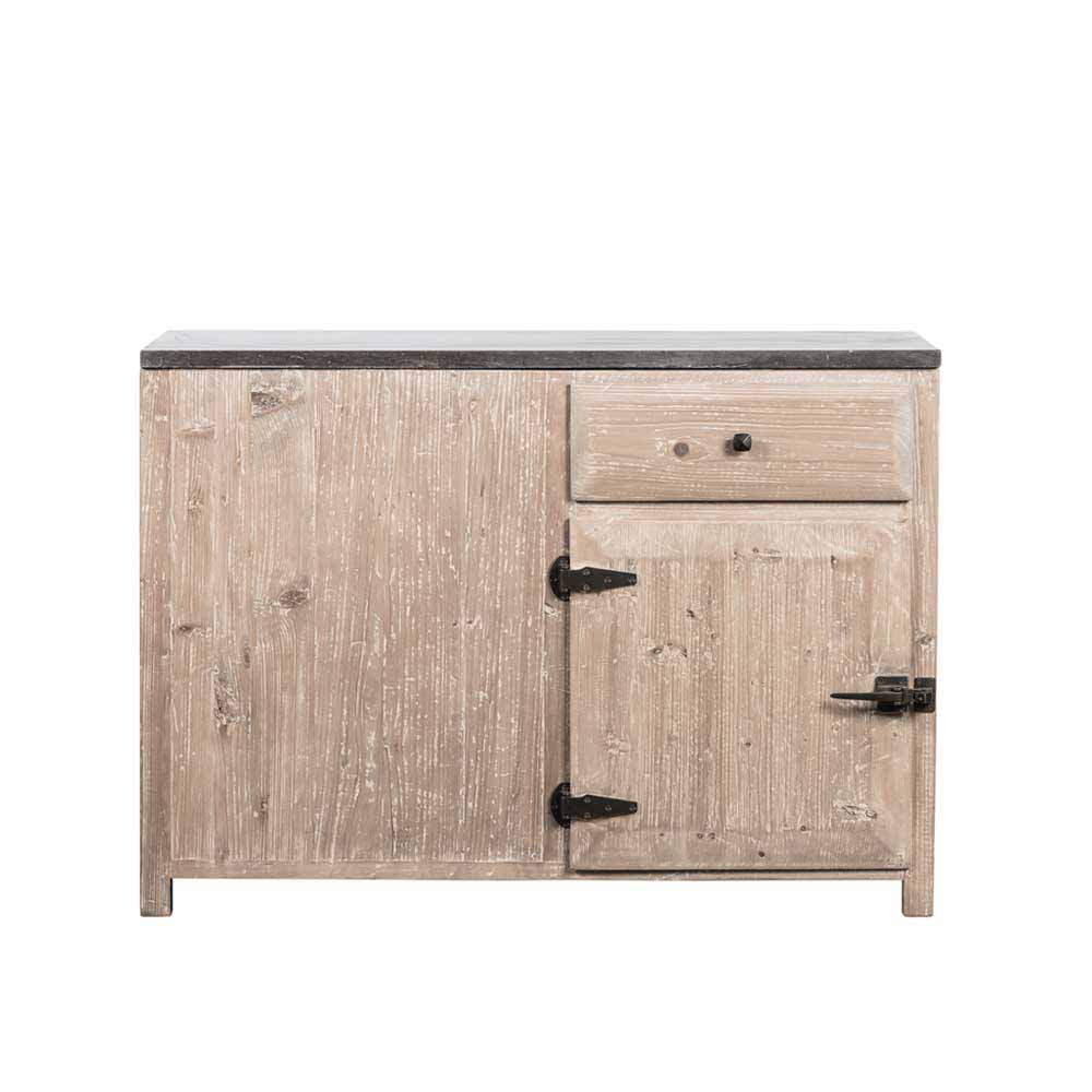 Rustikale Küchenkommode aus hellem Holz mit dunkler Arbeitsplatte, Tür und Schublade – Ashvills