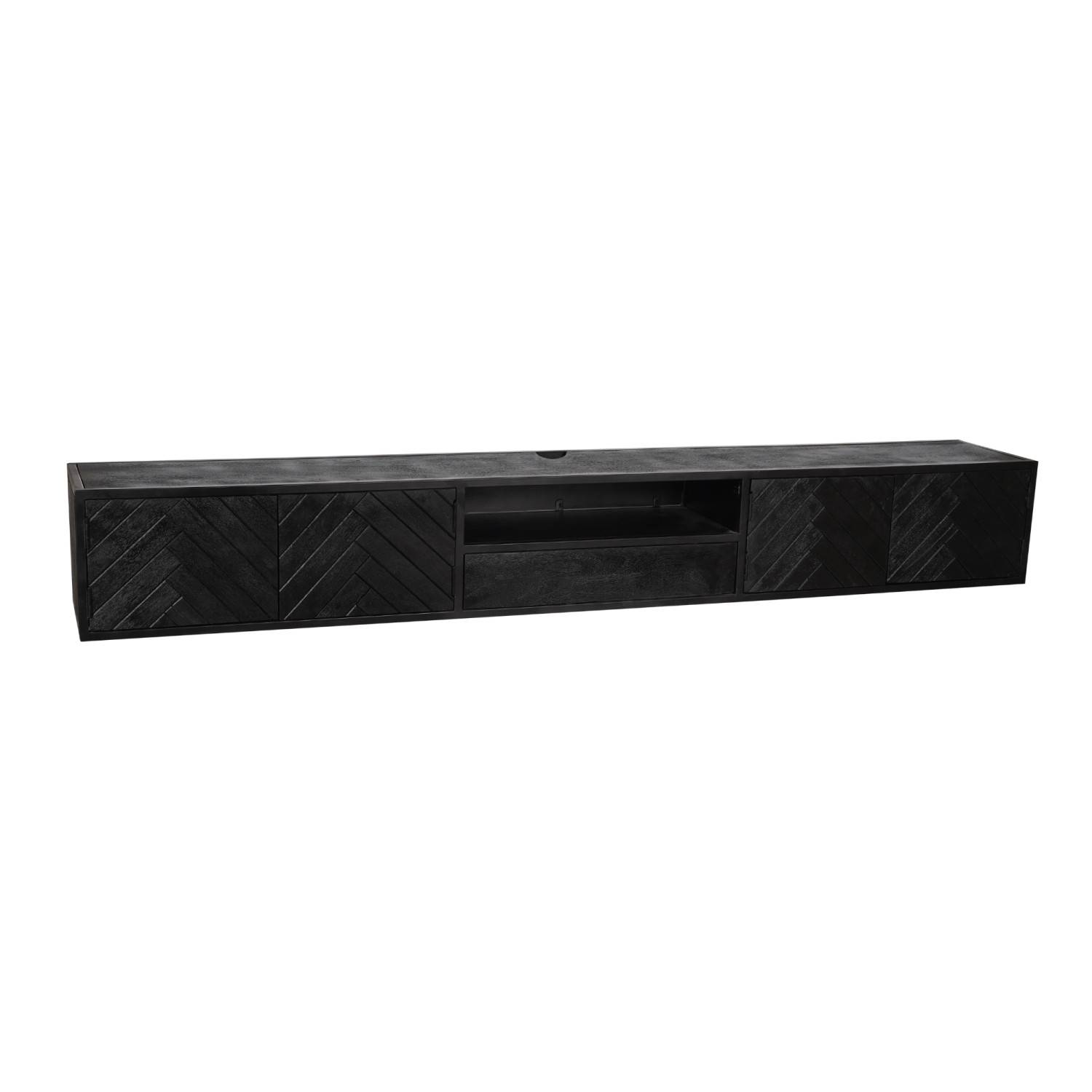 Modernes schwarzes TV Lowboard mit elegantem geschnitztem Muster und viel Stauraum – Lida