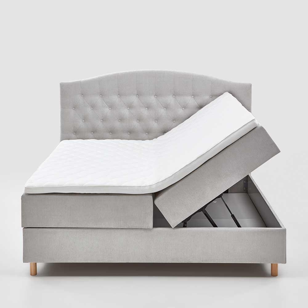 Komplettes Bett mit Bettkasten in Hellgrau Stoff - Zyorenica