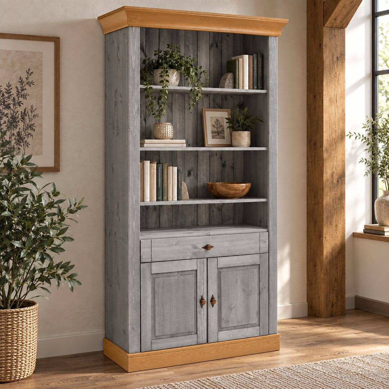 Landhaus Regal Schrank in Grau & Kiefer Lauge - Cempino