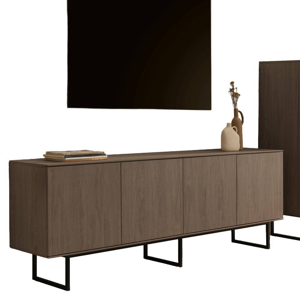 Dunkelbraunes TV Lowboard und Highboard Set in Holzoptik mit schwarzen Metallbeinen – Julado