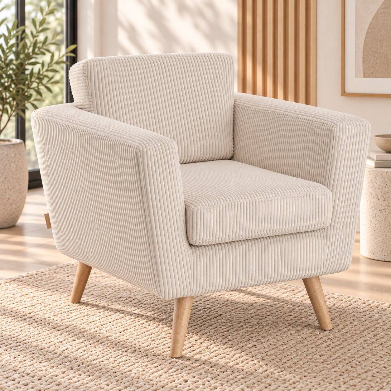 Scandi Design Lounge-Sessel in Hellgrau Cordbezug mit Wildeiche Beinen