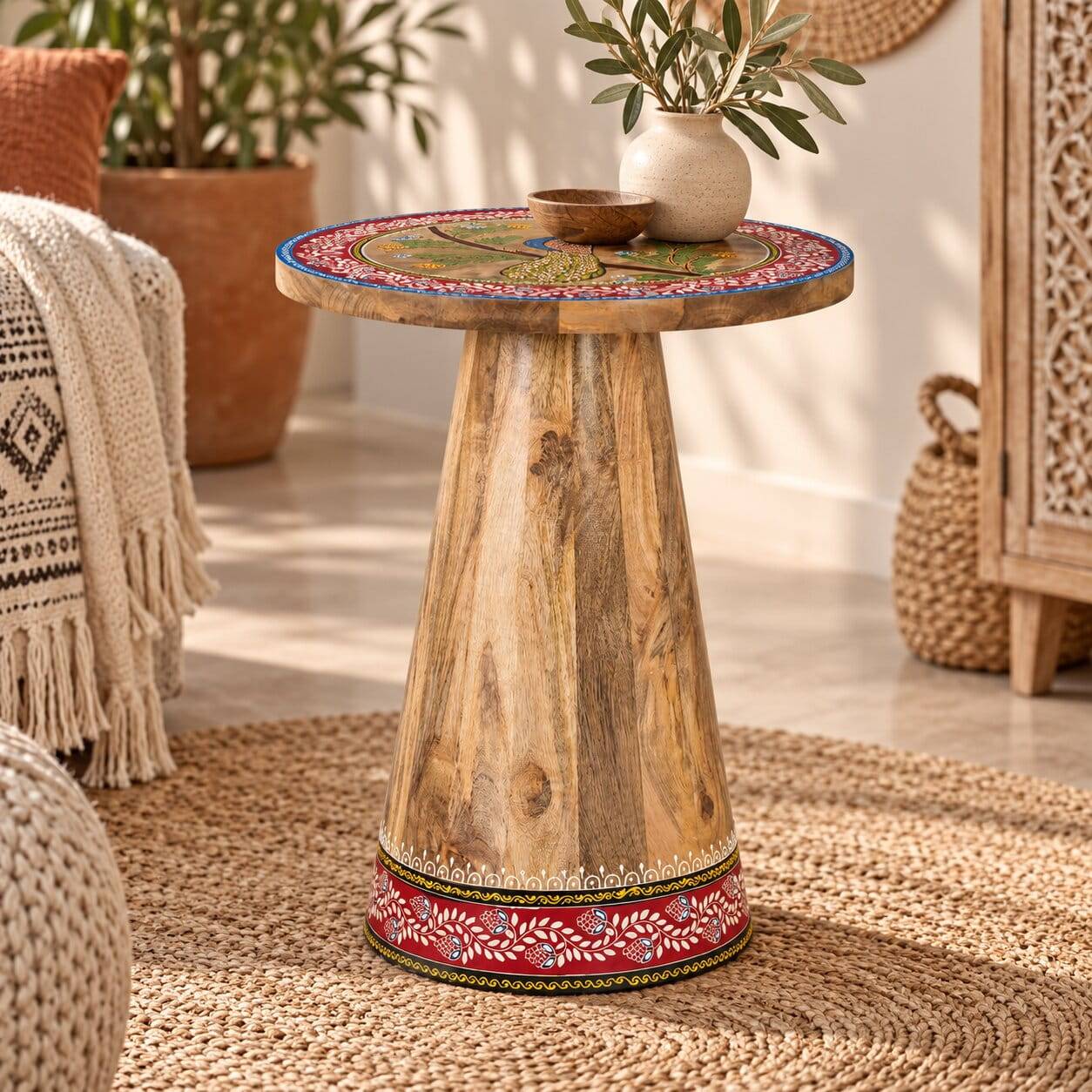 Design-Beistelltisch in Mangoholz Natur - farbenfroh handbemalt