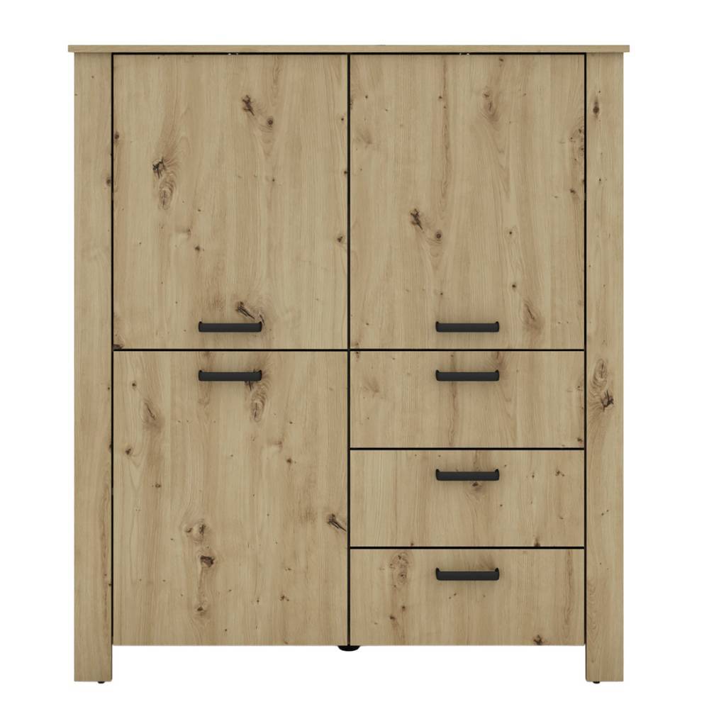 Highboard in Wildeichefarben mit vier Türen und drei Schubladen, schwarzen Griffen – Monte