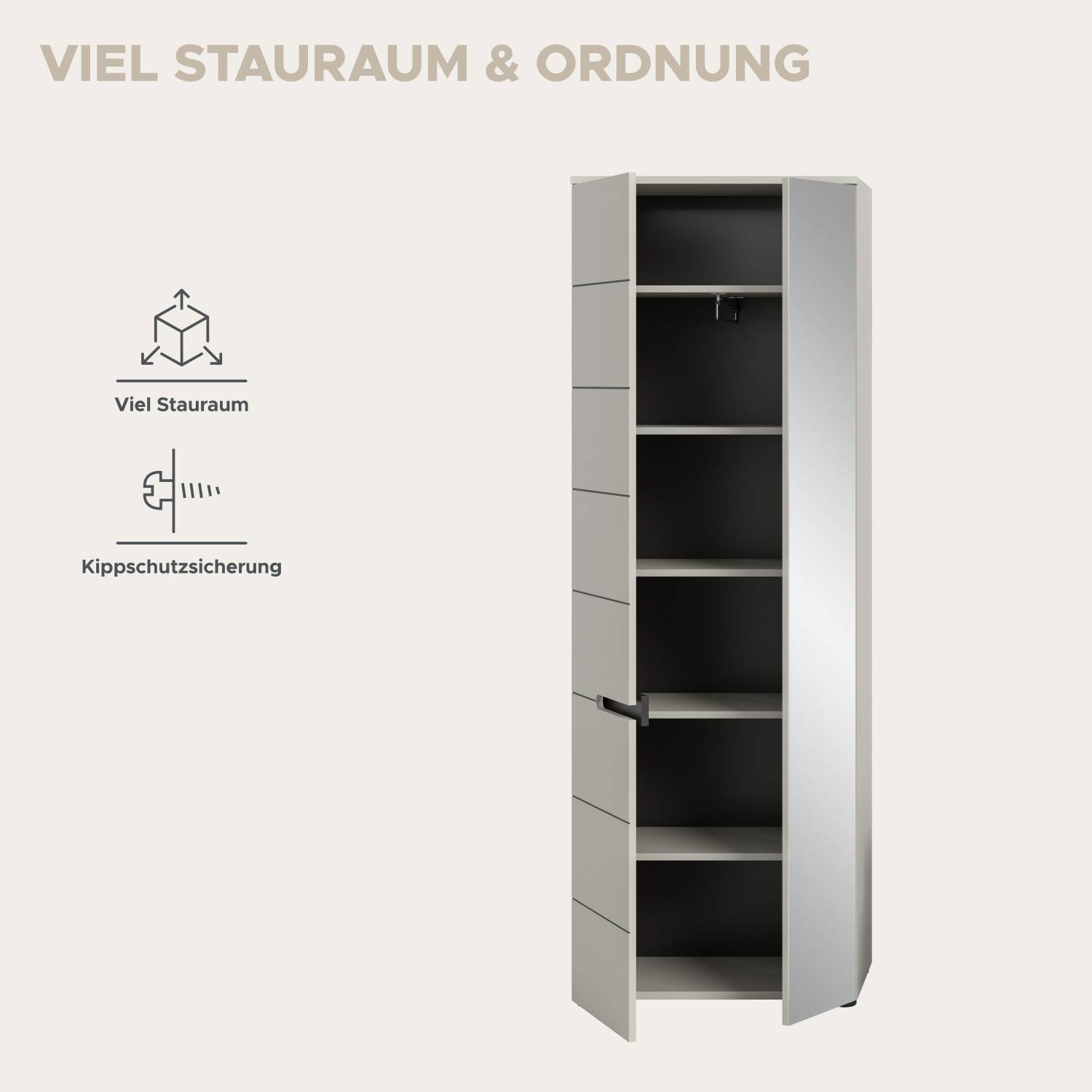 Hochschrank innen mit Stauraum, Ablagefächern, Kleiderstange und Kippschutz – Elvadia