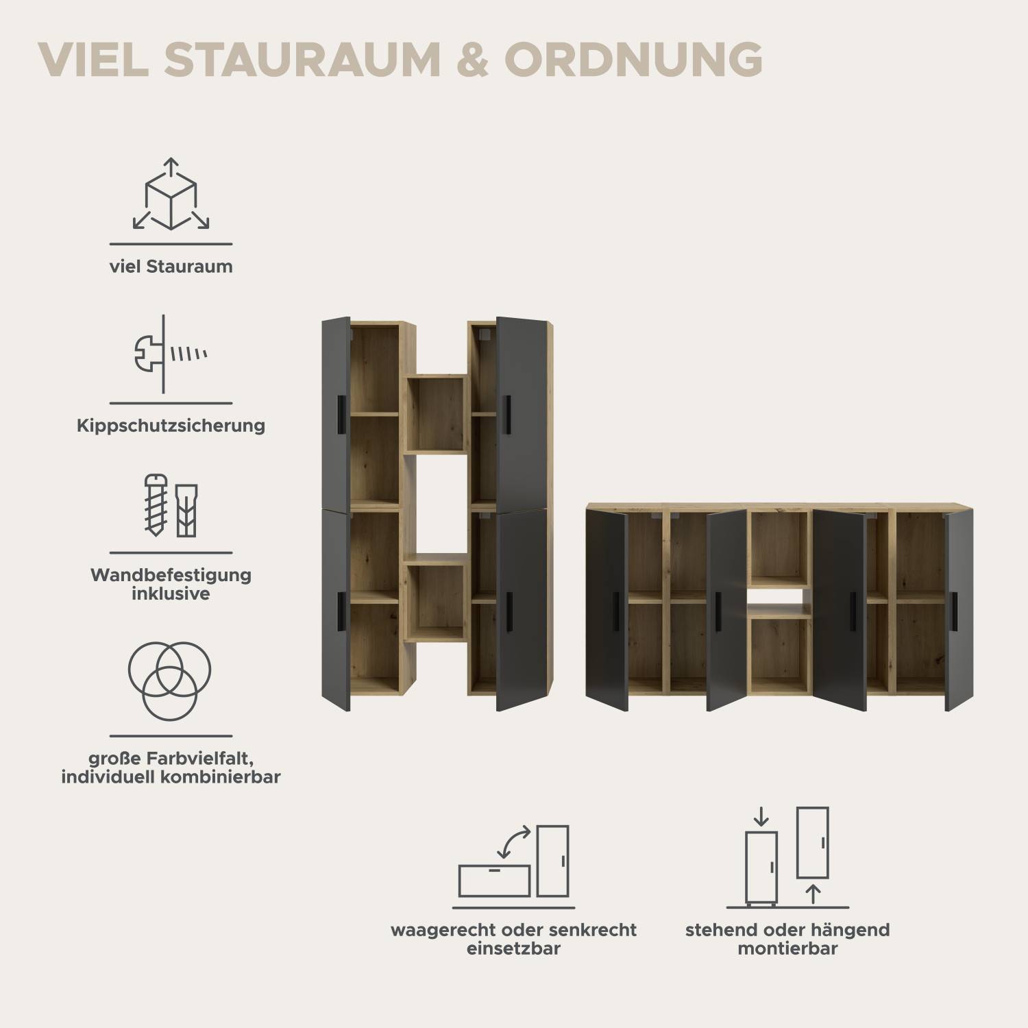 Modulare Anbauwand in Artisan Oak und Basalt mit viel Stauraum und flexiblen Montagemöglichkeiten – Estoron