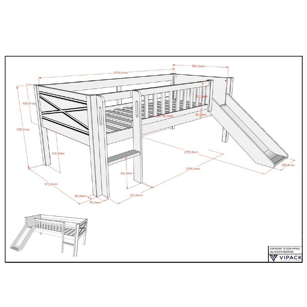 Halbhohes Spielbett mit Rutsche - Ketri