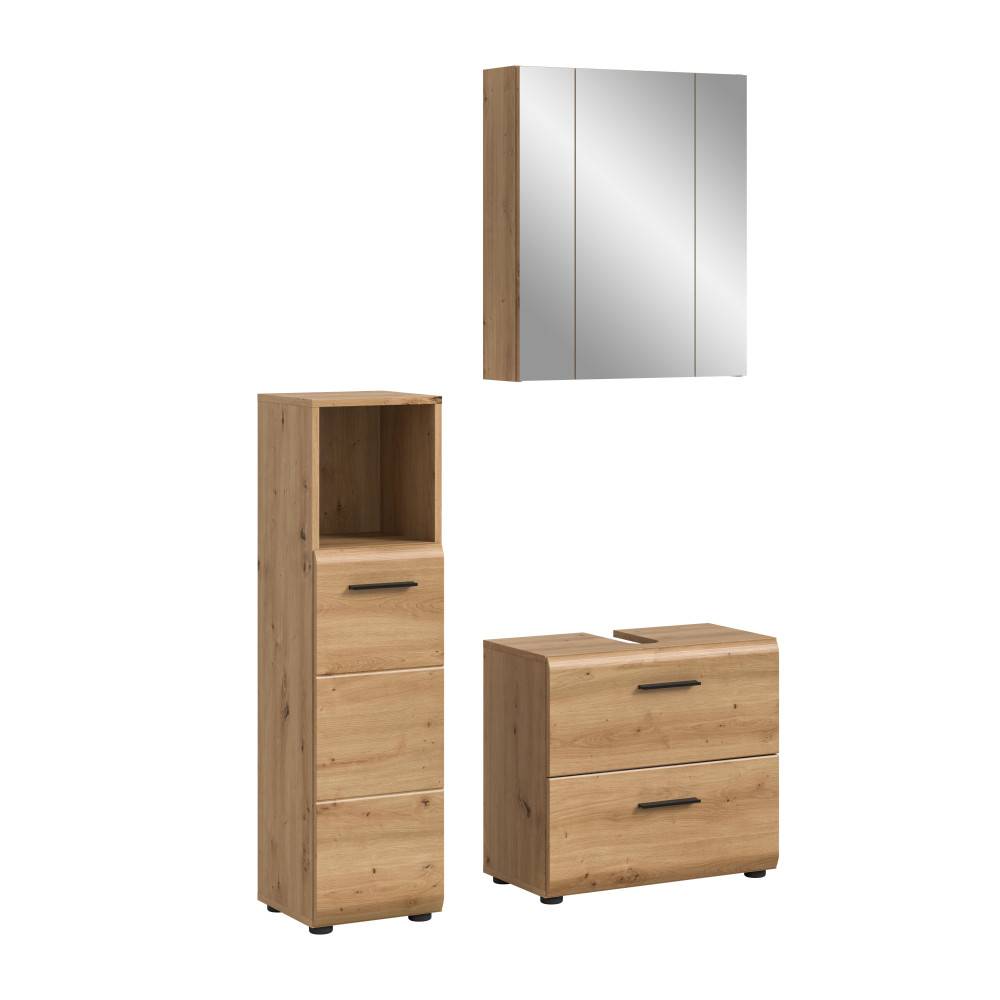 Dreiteiliges Badmöbel Set in heller Holzoptik mit Spiegelschrank, Hochschrank und Waschtischunterschrank – Canopus
