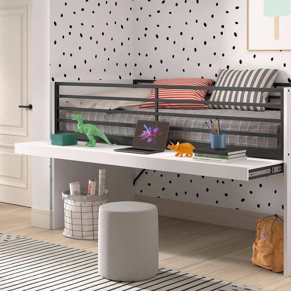 Weißes Kinderhochbett mit integriertem Schreibtisch und schwarzem Metallrahmen für das Jugendzimmer – Brasovia