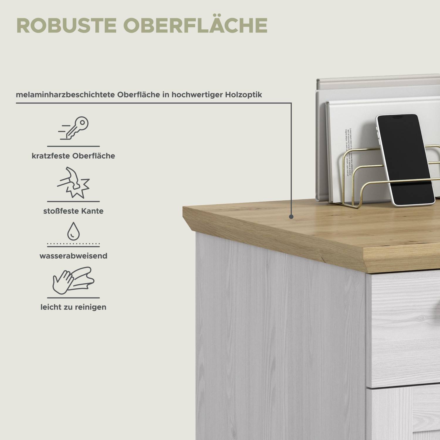 Robuster Bürotisch mit kratzfester, wasserabweisender Oberfläche in Holzoptik – Tocella
