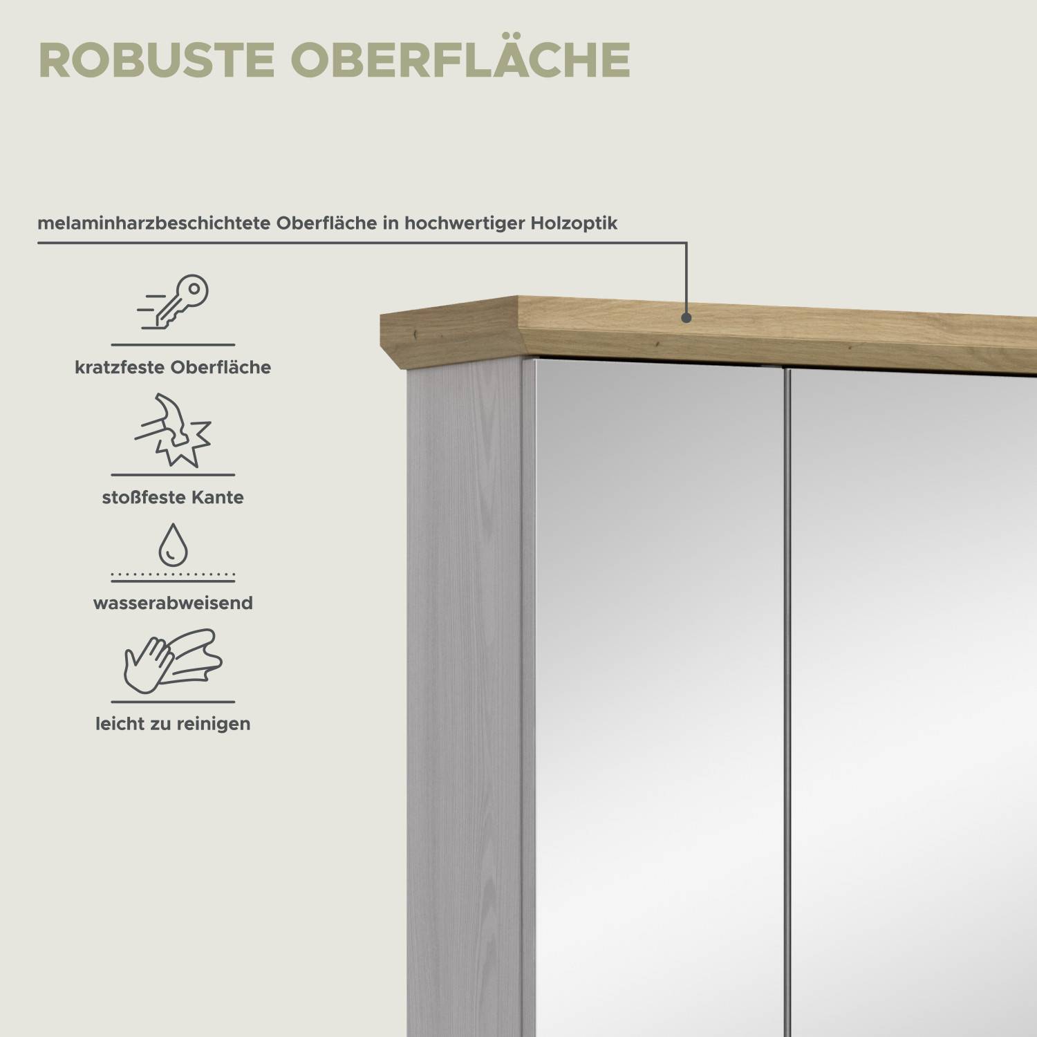 Spiegelschrank mit robuster, melaminharzbeschichteter und pflegeleichter Oberfläche in Holzoptik – Tocella