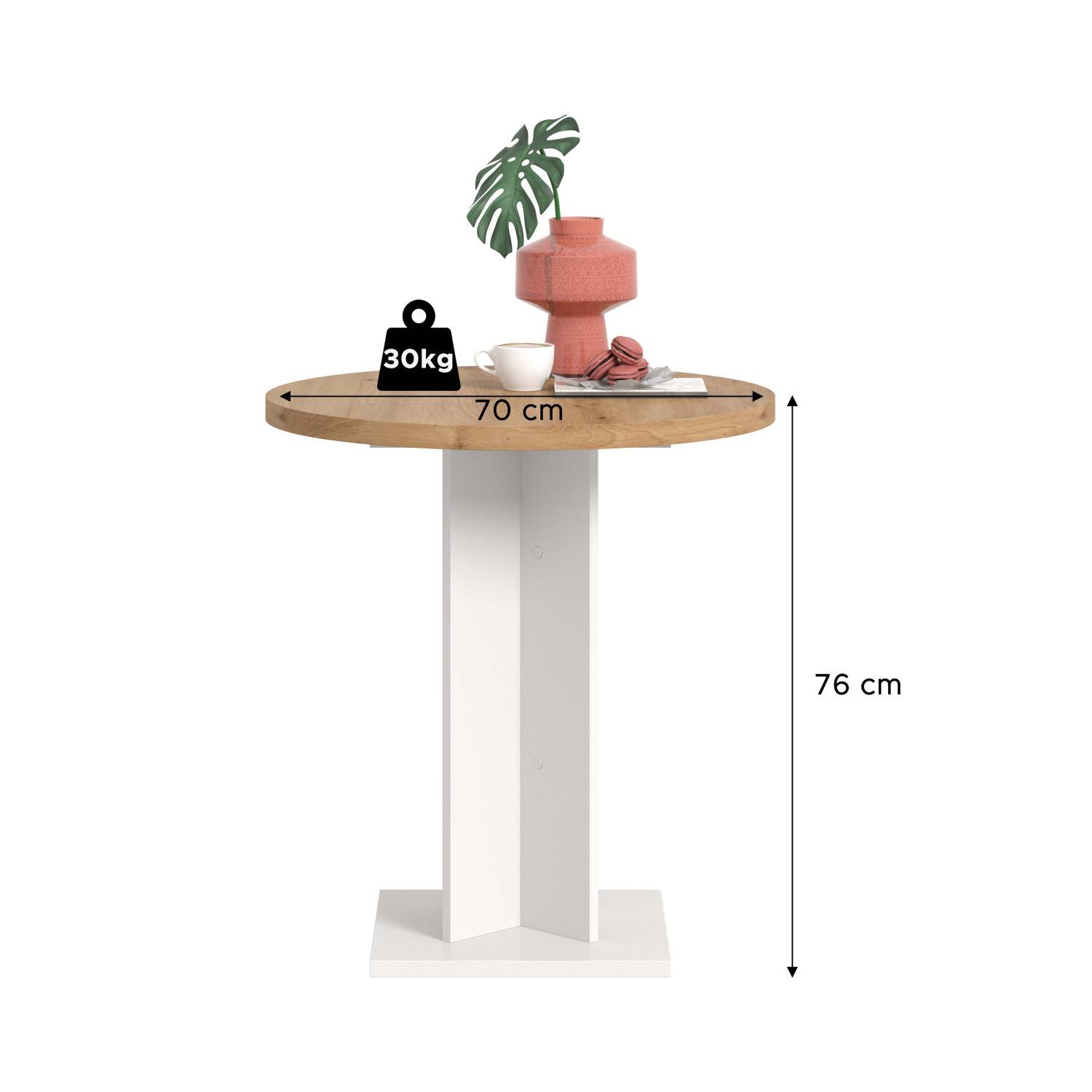 Bartisch Maße mit 70 cm Durchmesser und 76 cm Höhe, sowie 30 kg Tragfähigkeit – Korres