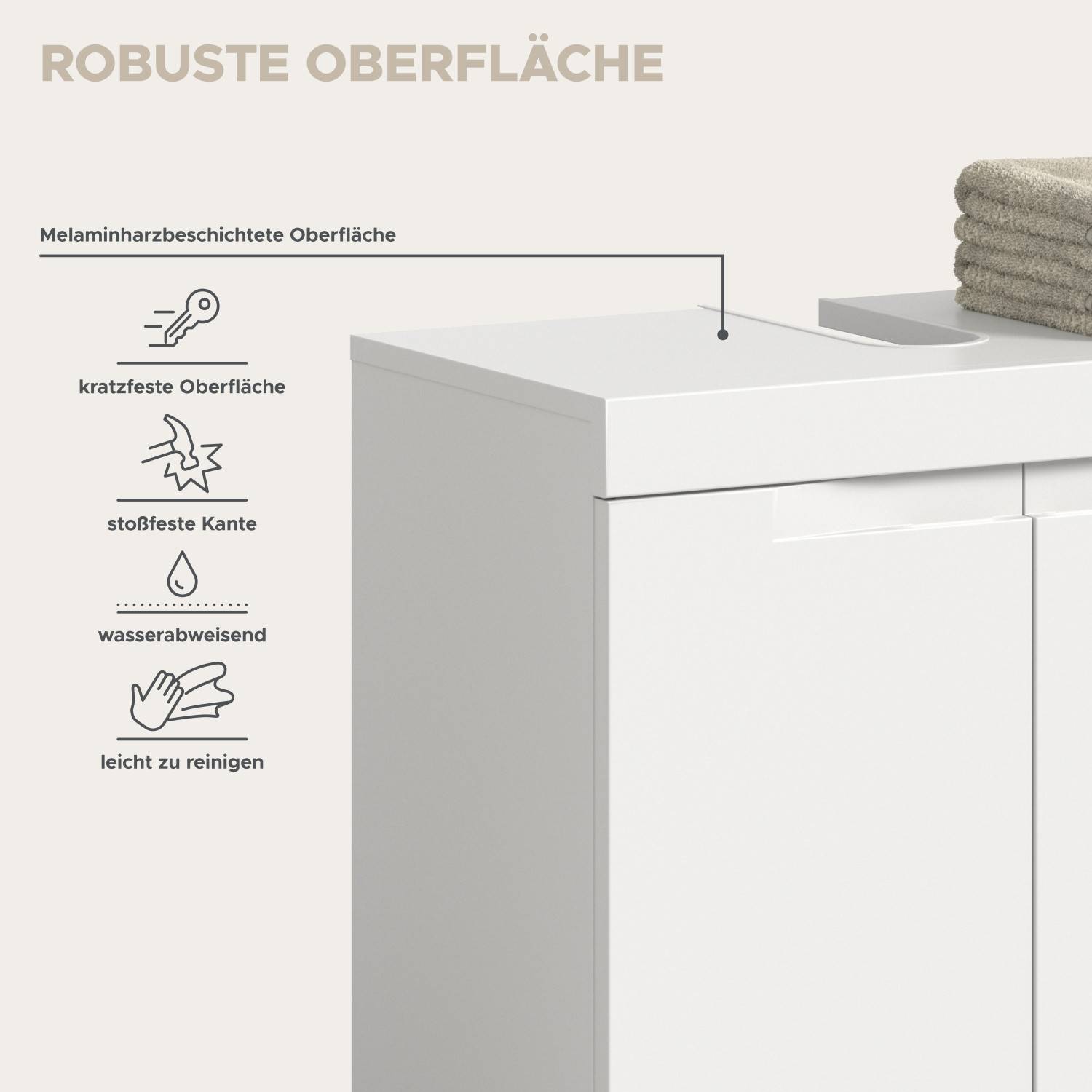 Robuste, kratzfeste und wasserabweisende Oberfläche des Waschplatz Sets aus Melaminharz – Bruna