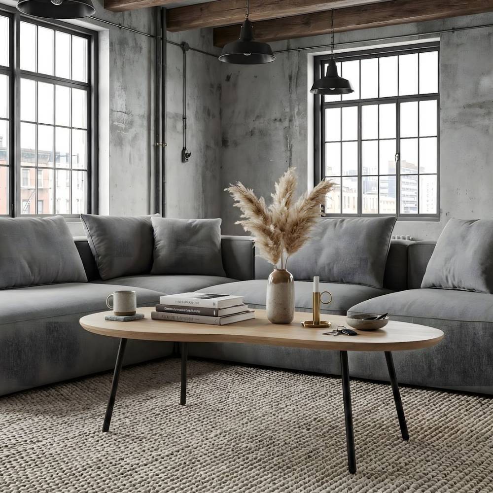 Moderner Nierentisch aus hellem Mangoholz mit schwarzen Beinen im Industrial Style Wohnzimmer – Yaniz