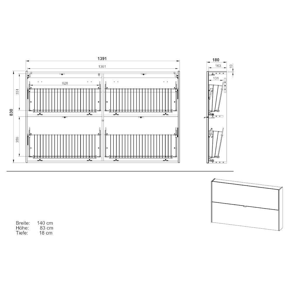 Schuhschrank Maße und Abmessungen der hängenden Schuhkommode, Breite 140 cm, Tiefe 18 cm – Point