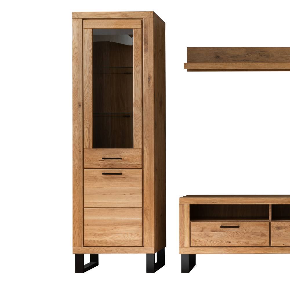 Hohe Vitrine aus Wildeiche mit Glastür, drei Schubladen und LED-Beleuchtung – Scarlett