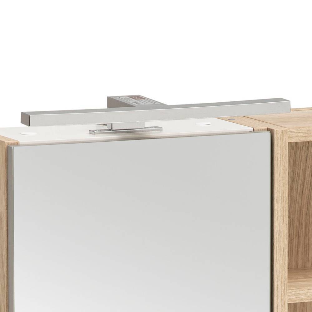 Spiegelschrank Oberkante mit eleganter LED-Aufsatzleuchte und Spiegeltür in Holzoptik – Opal