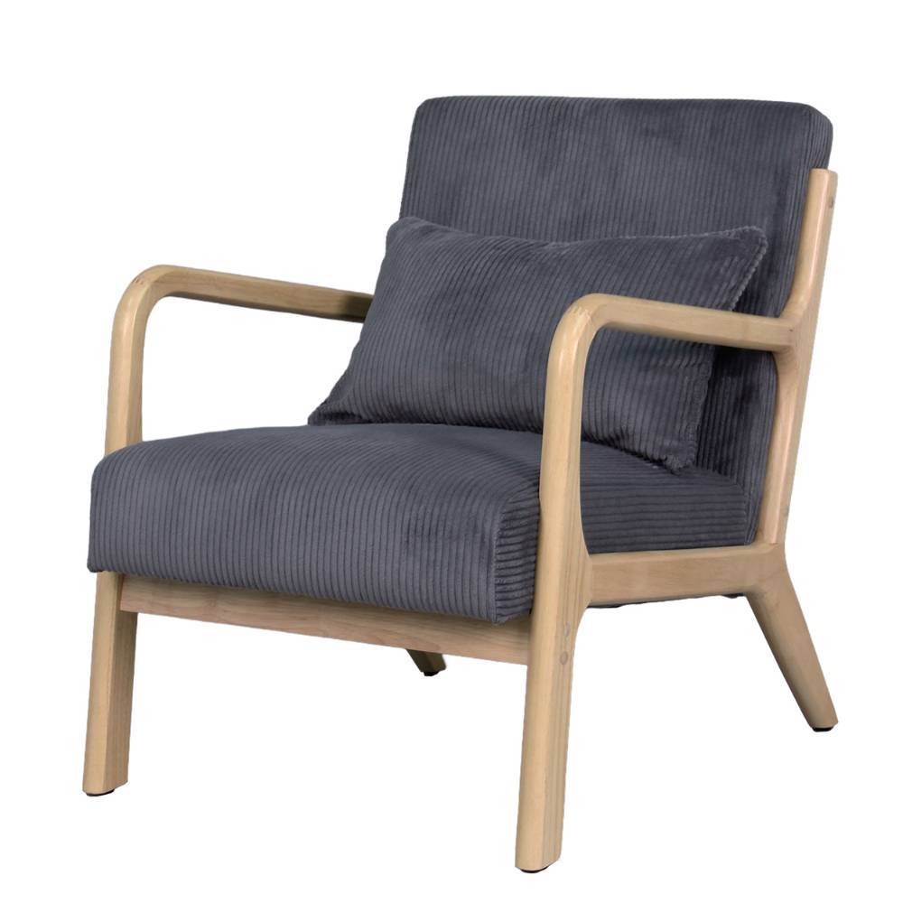 Bequemer Wohnzimmersessel in Dunkelgrau Cord mit heller Holzkonstruktion und Sitzkissen – Jusip