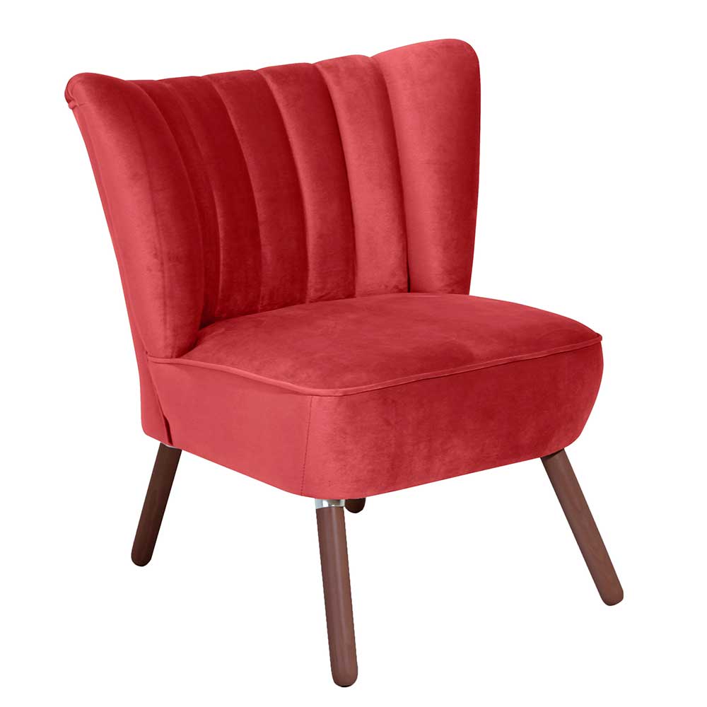 Samtvelours Sessel in Rot und Nussbaum - Darand