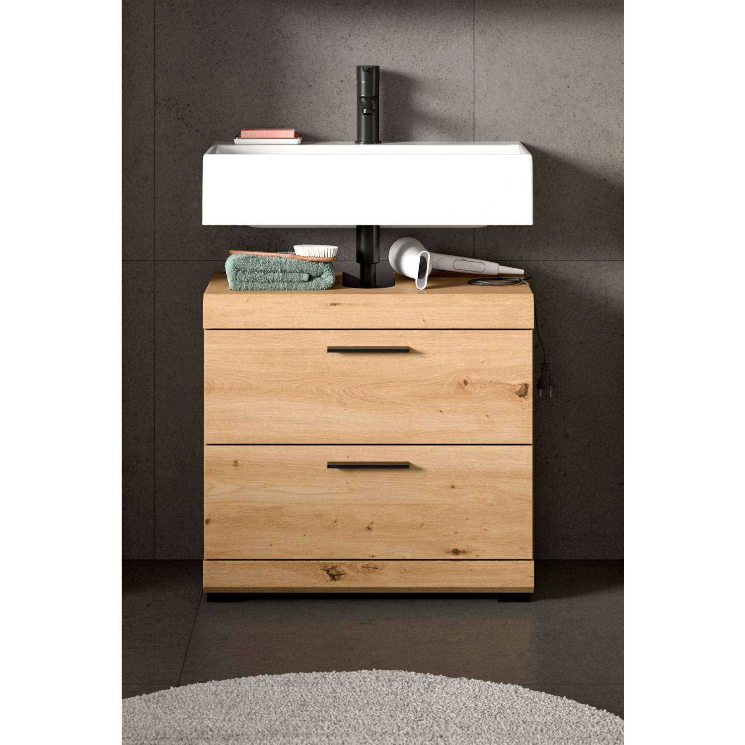 Waschtischunterschrank in Holzoptik mit weißem Aufsatzwaschbecken und dunklem Wasserhahn – Lasewood