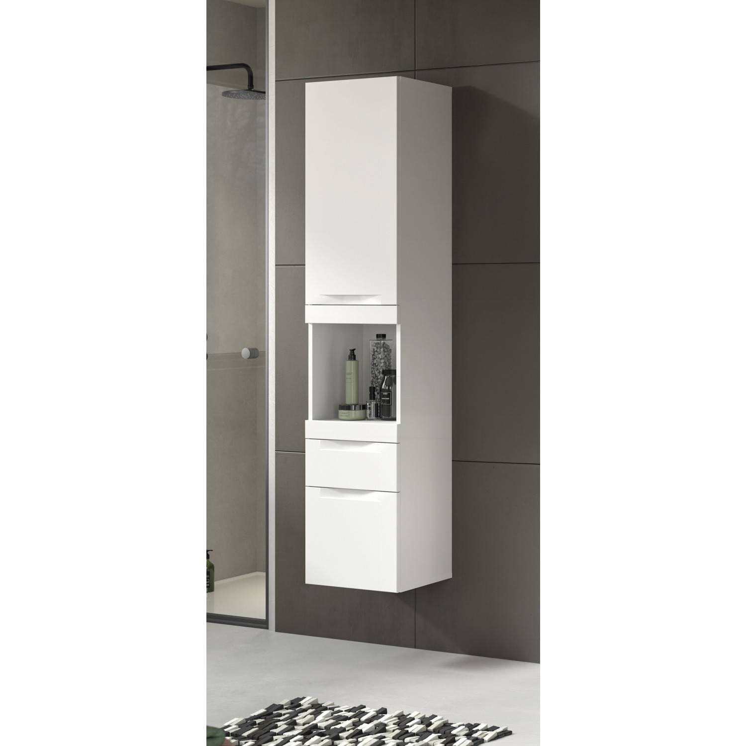 Moderner wandmontierter weißer Badschrank mit offener Nische für Dekoration und Griffmulden Design – Bruna