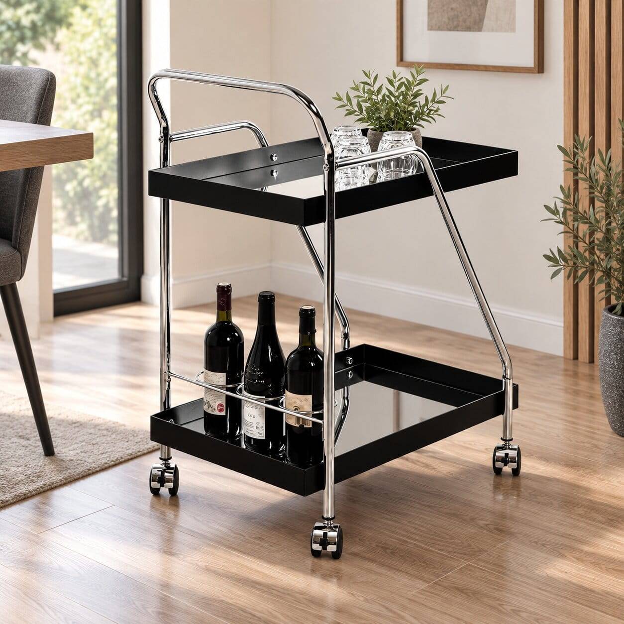 Design Servierwagen mit zwei Spiegelglas Ablagen - Asticia