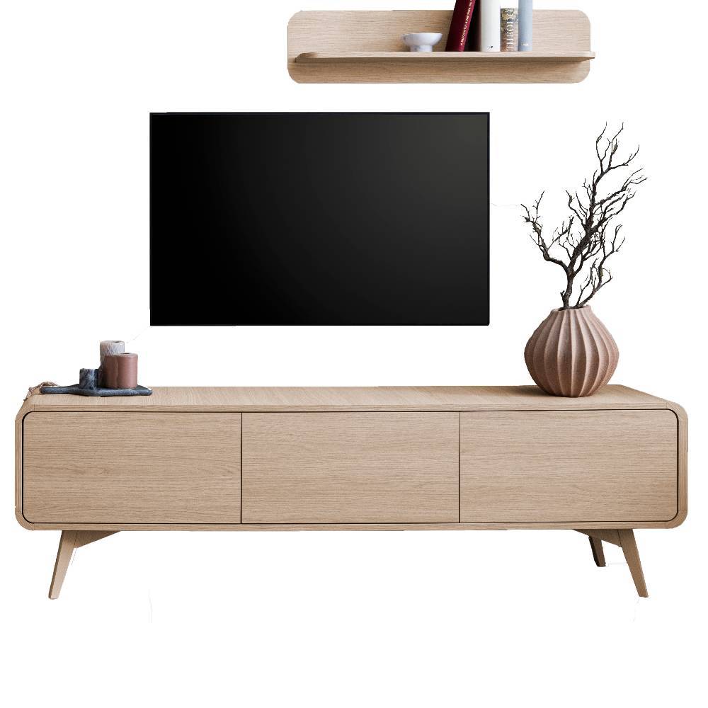 TV Lowboard mit drei Fächern und Wandregal aus heller Holzoptik für das Wohnzimmer – Embrus