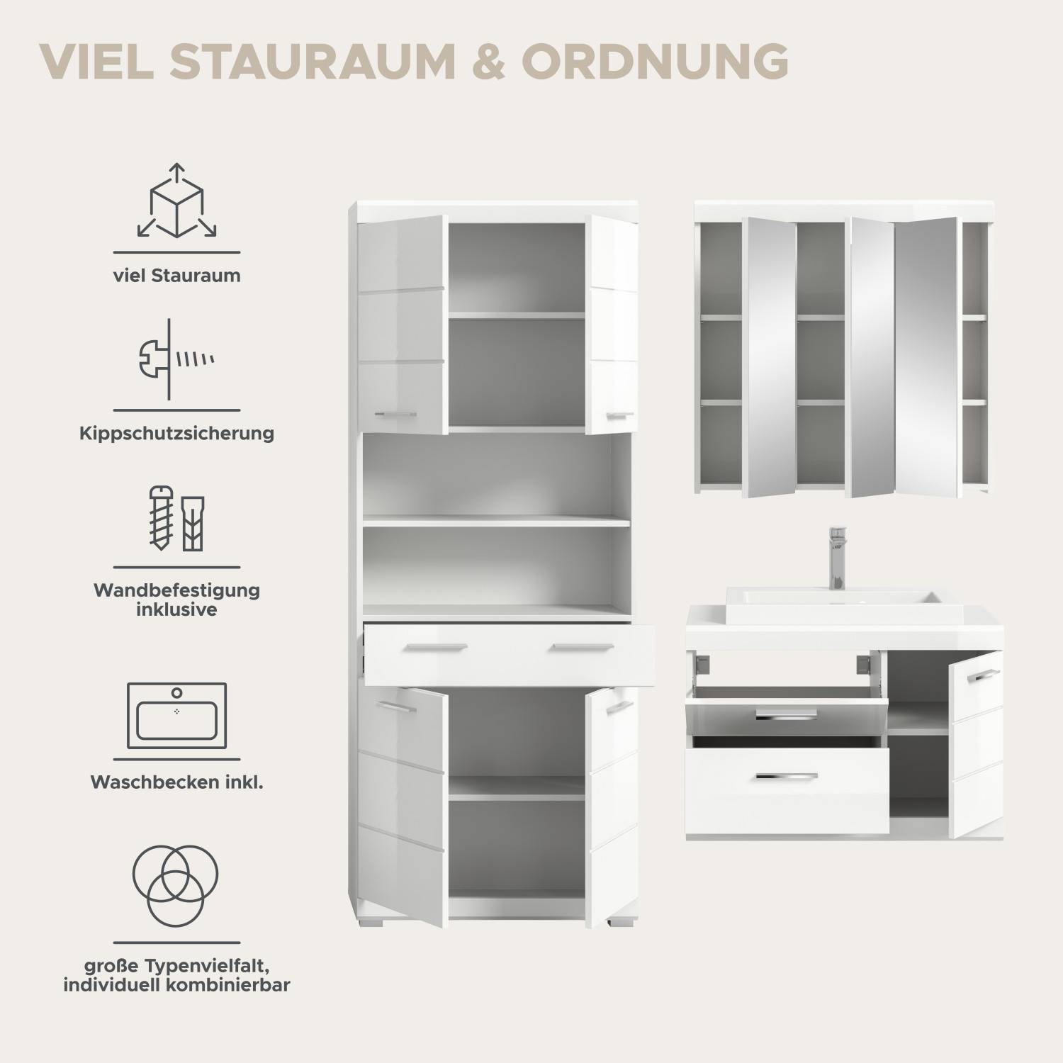 Übersicht über viel Stauraum, Kippschutz, Wandbefestigung und inklusives Waschbecken des Badmöbel Sets – Nanila