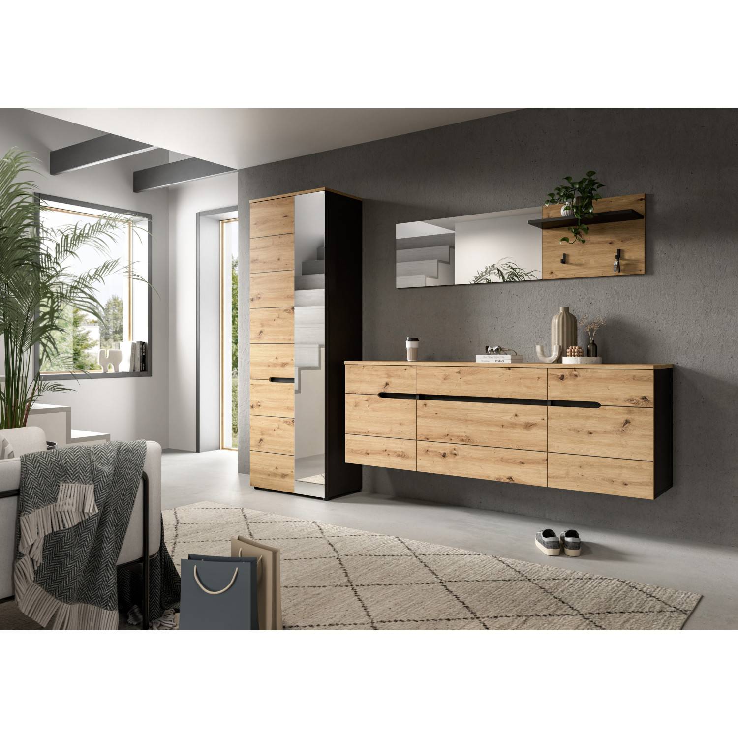 Schwarze Wandgarderobe mit Spiegel und Eichenholz-Optik für den modernen Eingangsbereich – Irysma