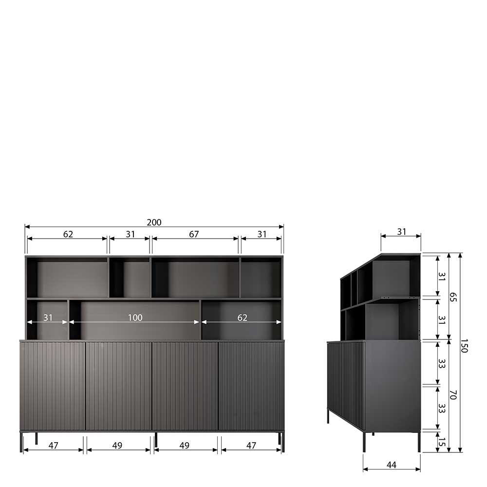 200x150x44 Skandi Sideboard mit Regal in Schwarz - Princiva