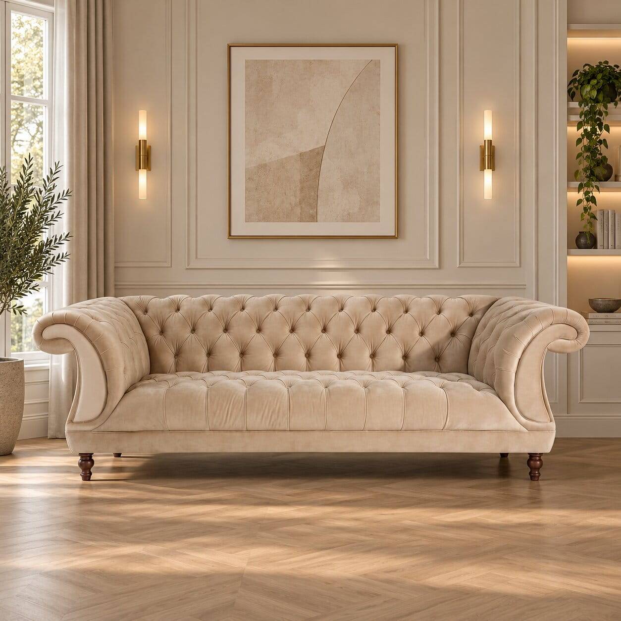 Dreisitzer Couch im Barockstil in Beige Samtvelours