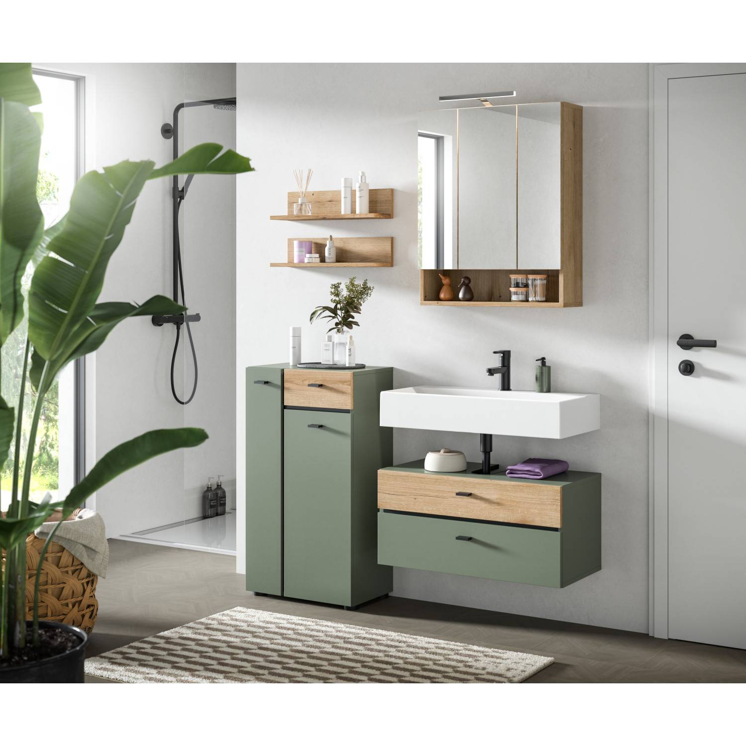 Fünfteiliges Waschplatz Set in Eiche Optik und Grün mit Spiegelschrank, Hochschrank und Waschtisch – Jubby