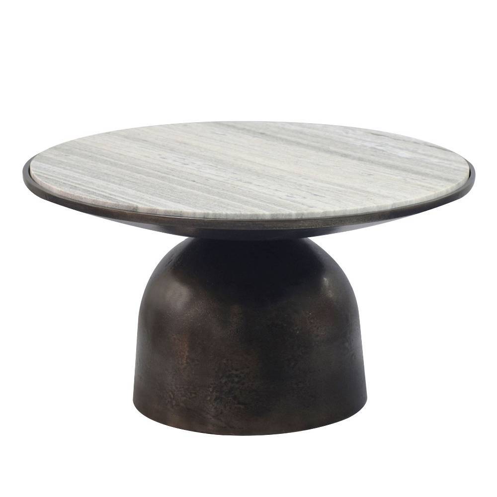 Eleganter Couchtisch mit heller, runder Marmorplatte und dunklem Metallgestell – Vuressa