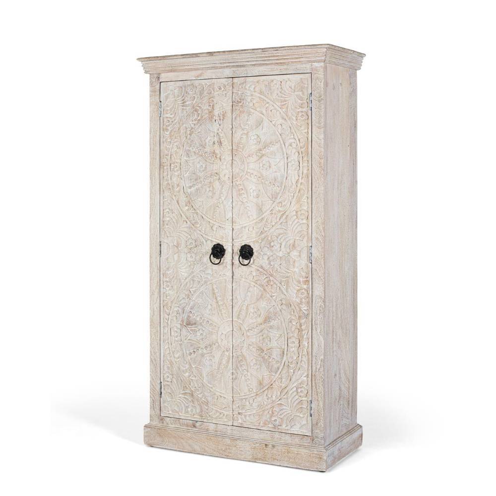 Eleganter geschnitzter Holzschrank in Weiß mit zwei Türen, ideal für Wohnzimmer oder Flur – Lubines
