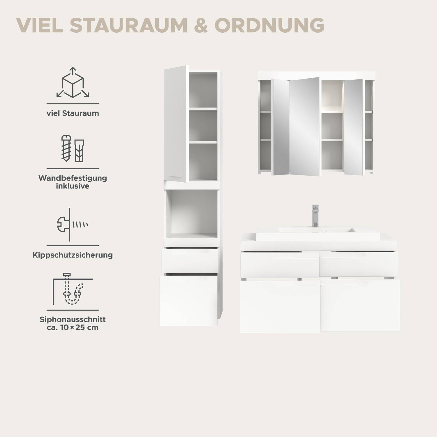 Viel Stauraum, Wandbefestigung und Kippschutz für das Badezimmerset – Bruna