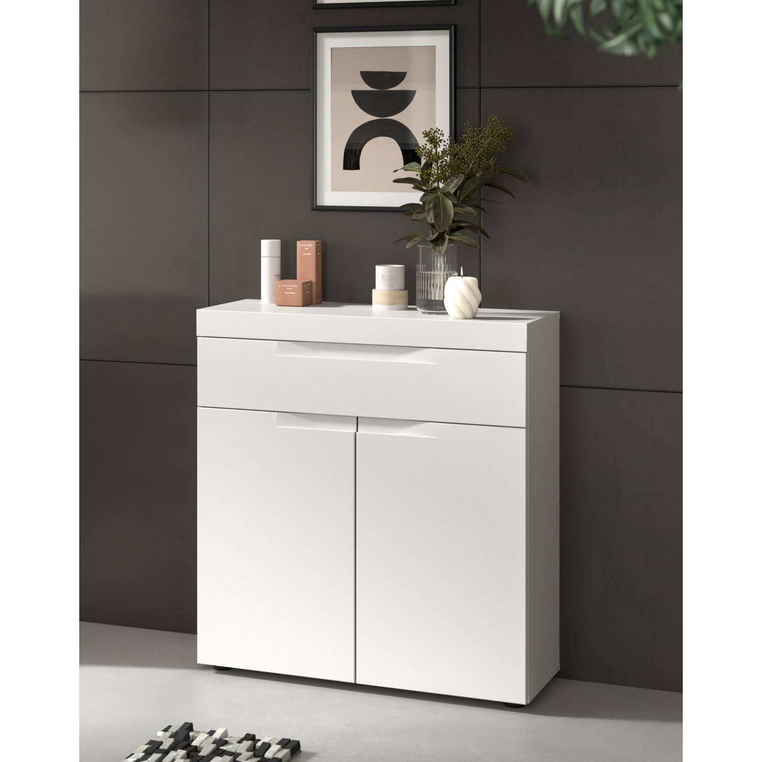 Weißer Beistellschrank mit Schublade und Türen, modern und elegant für Badezimmer oder Flur – Bruna