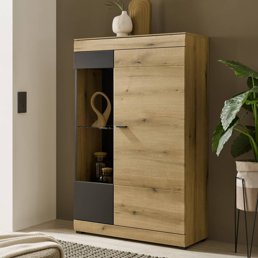 Highboard mit Glaseinsatz in Eiche Optik - Addara