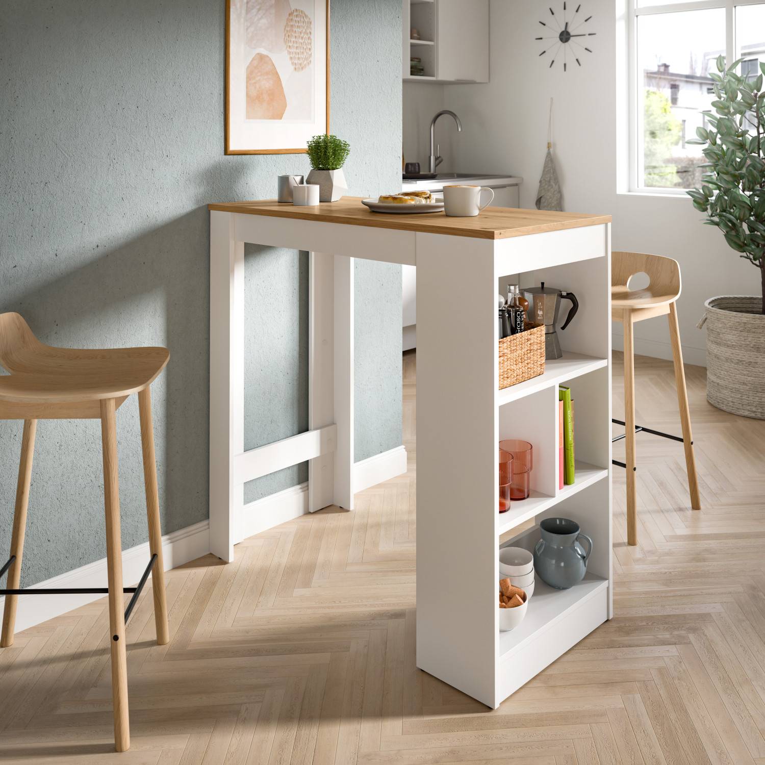 Moderner Bartisch mit integriertem Regal für Küche oder Esszimmer, Holzplatte weiß – Sabato