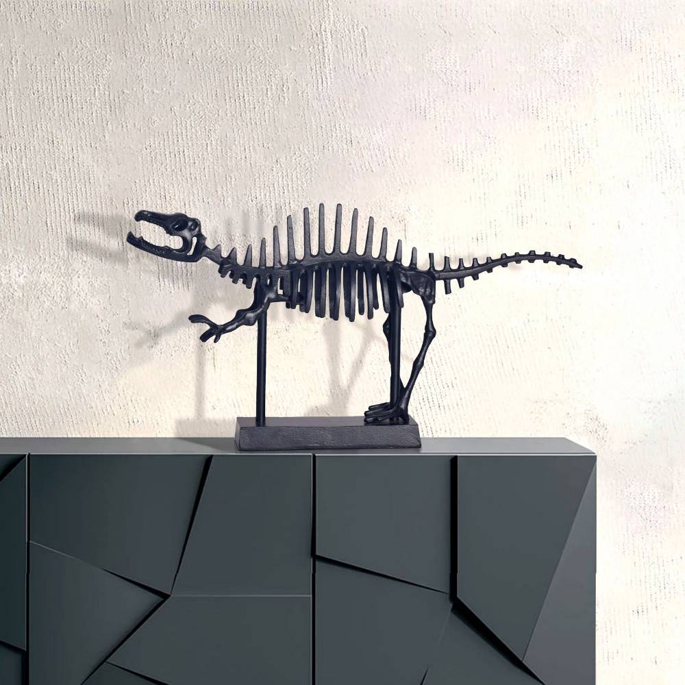 Schwarze Metall Dinosaurierskelett Skulptur als elegante Wohnzimmer Dekoration auf Sideboard – Marzias