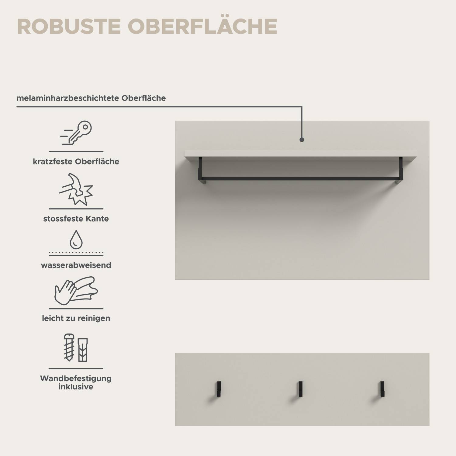 Robuste, kratzfeste Oberfläche des Garderobensets mit Wandbefestigung inklusive – Elvadia