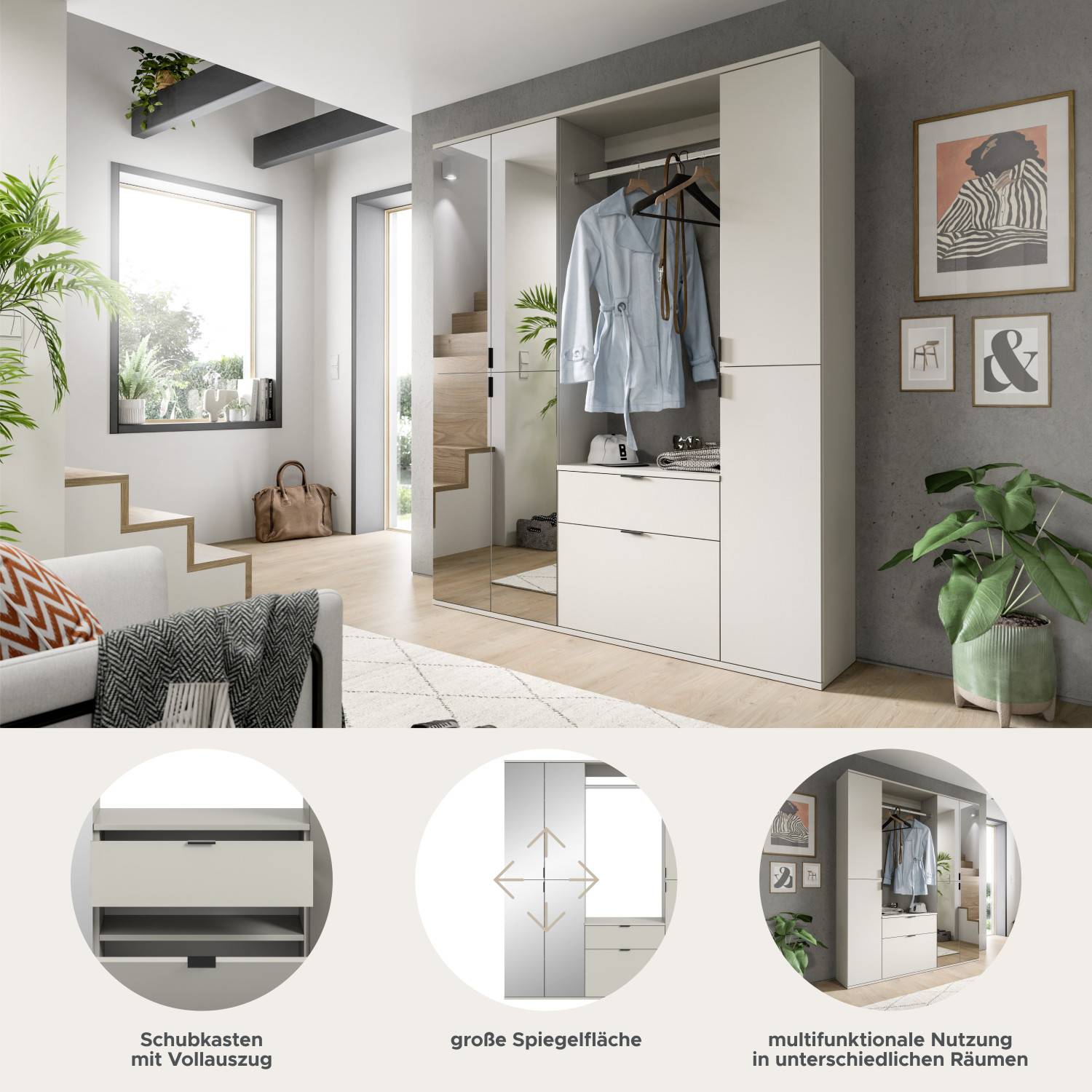 Flurgarderobe Details mit Schubkasten Vollauszug großer Spiegelfläche multifunktional – Meho