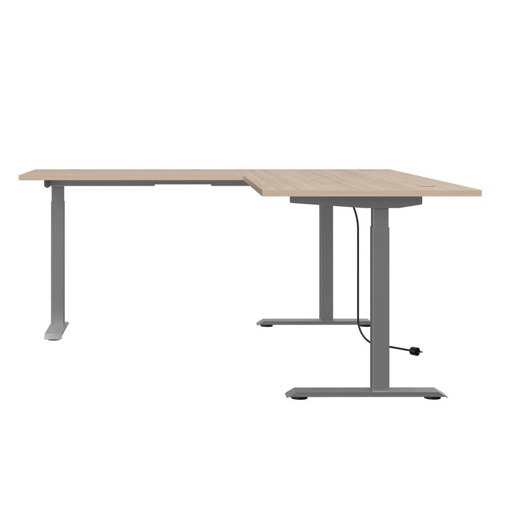 Elektrisch höhenverstellbarer Winkelschreibtisch mit heller Holzplatte und grauem Gestell für ergonomisches Arbeiten – Jantala