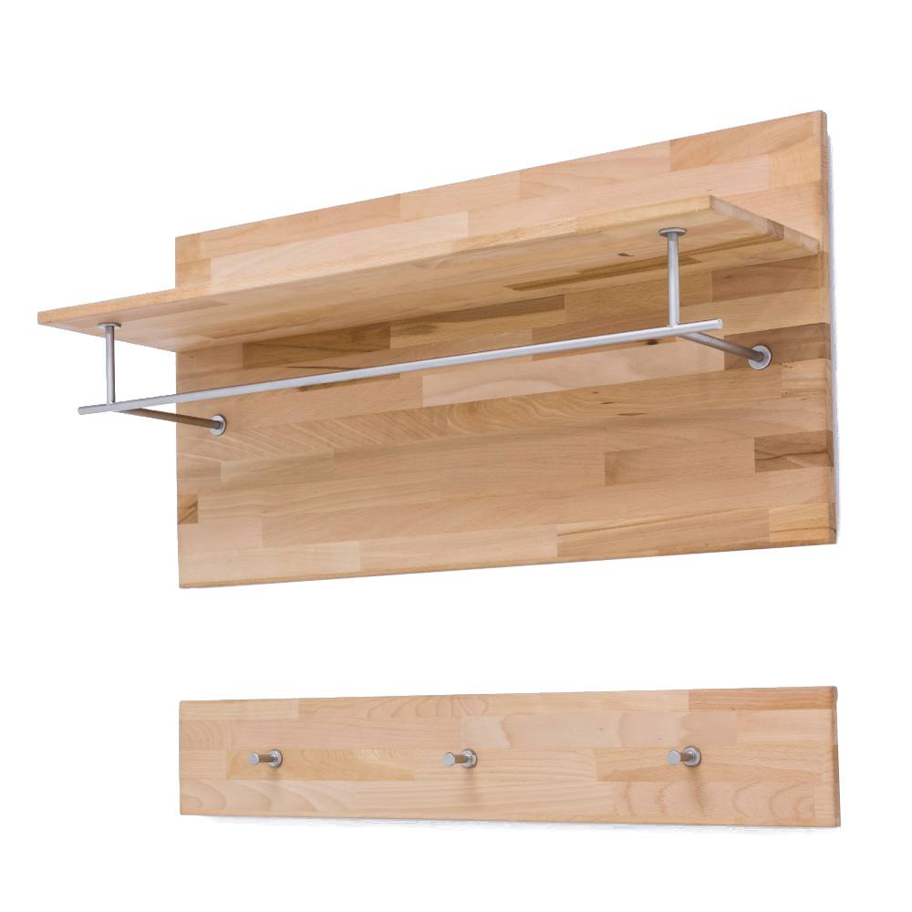 Zweiteiliges Garderoben Set aus Kernbuche Massivholz mit Ablage und Haken – Levandro